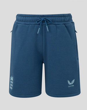 Blue shorts with drawstring on a light gray background