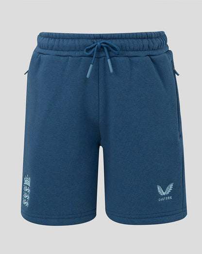 Blue shorts with drawstring on a light gray background