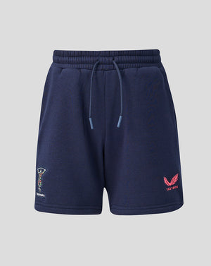 Navy blue shorts with brand logos on a light gray background