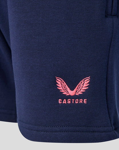 Navy blue fabric with a pink embroidered logo on a gray background