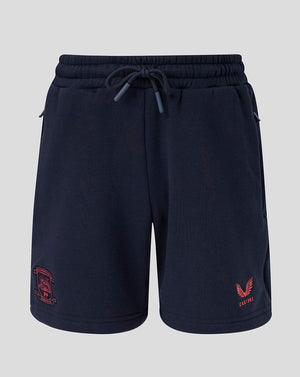 Navy blue shorts with red accents on a light gray background