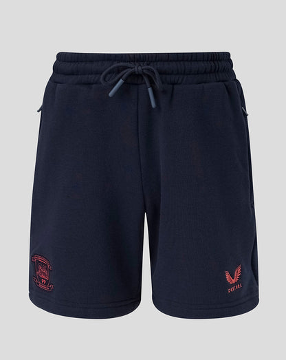 Navy blue shorts with red accents on a light gray background