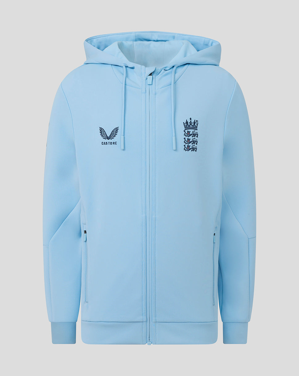 Light blue hoodie with embroidered logos on a gray background