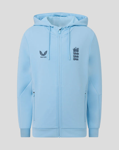 Light blue hoodie with embroidered logos on a gray background