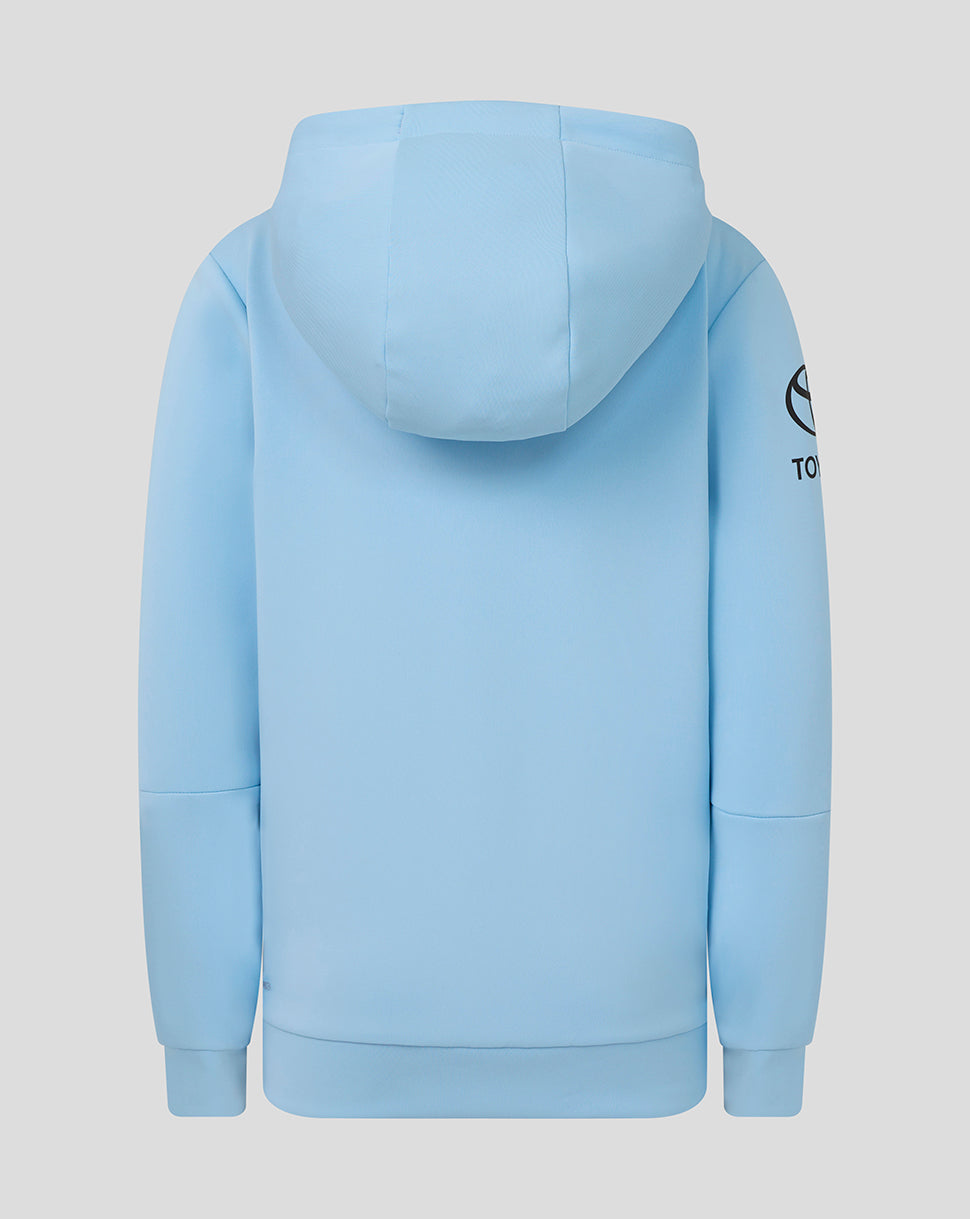 Light blue hoodie with a brand logo on the back against a gray background