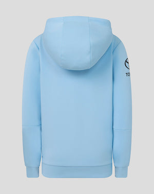 Light blue hoodie with a brand logo on the back against a gray background