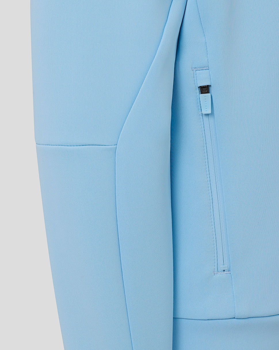 Light blue jacket with a zipper detail on a light gray background
