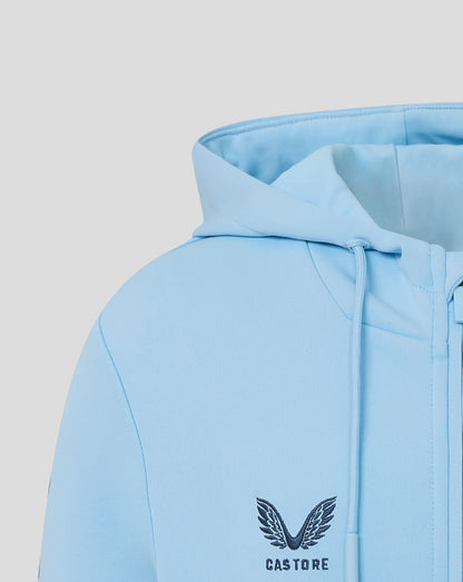 Light blue hoodie with a brand logo on a light gray background