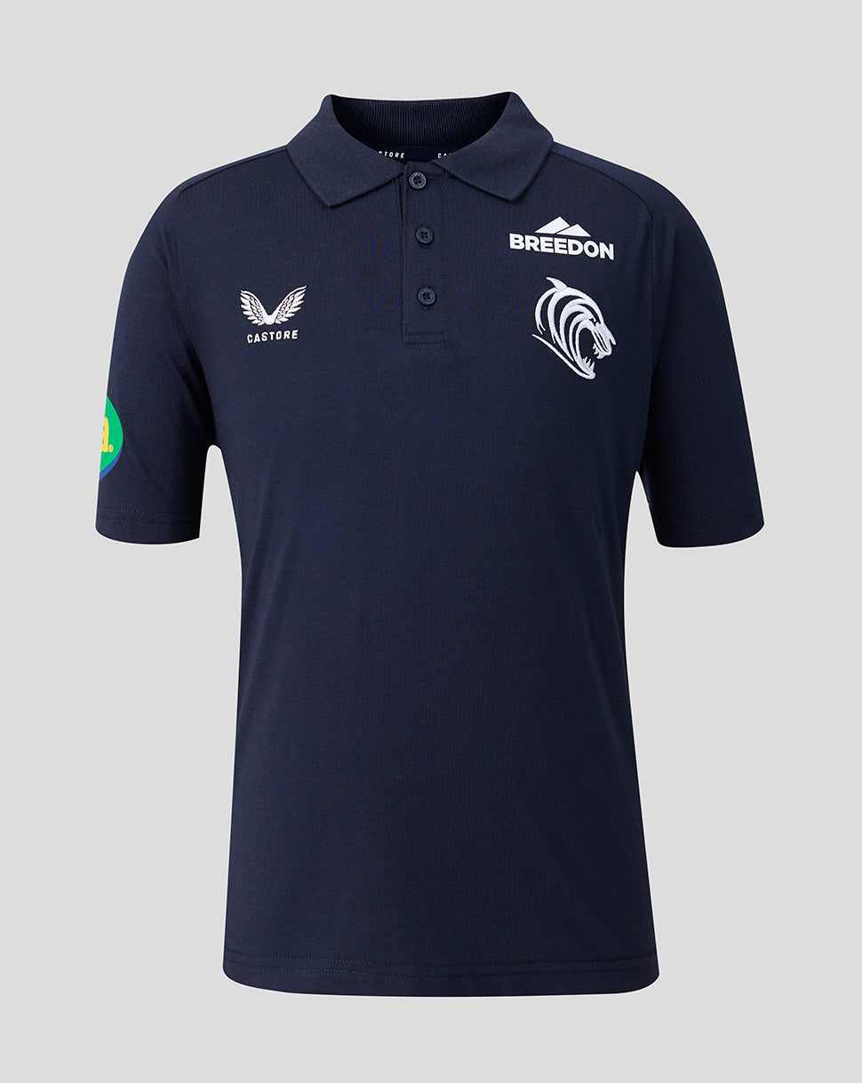 Front view of navy Leicester Tigers Junior Travel Polo with Castore and Breedon logos on the chest and a white horse emblem