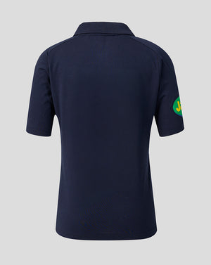 Front angle of navy Leicester Tigers Travel Polo highlighting Castore and Breedon logos