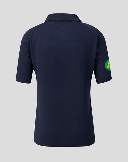 Front angle of navy Leicester Tigers Travel Polo highlighting Castore and Breedon logos