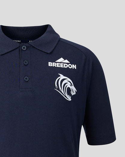 Navy Leicester Tigers 2026/27 Travel Polo with Breedon logo and tiger crest on the chest