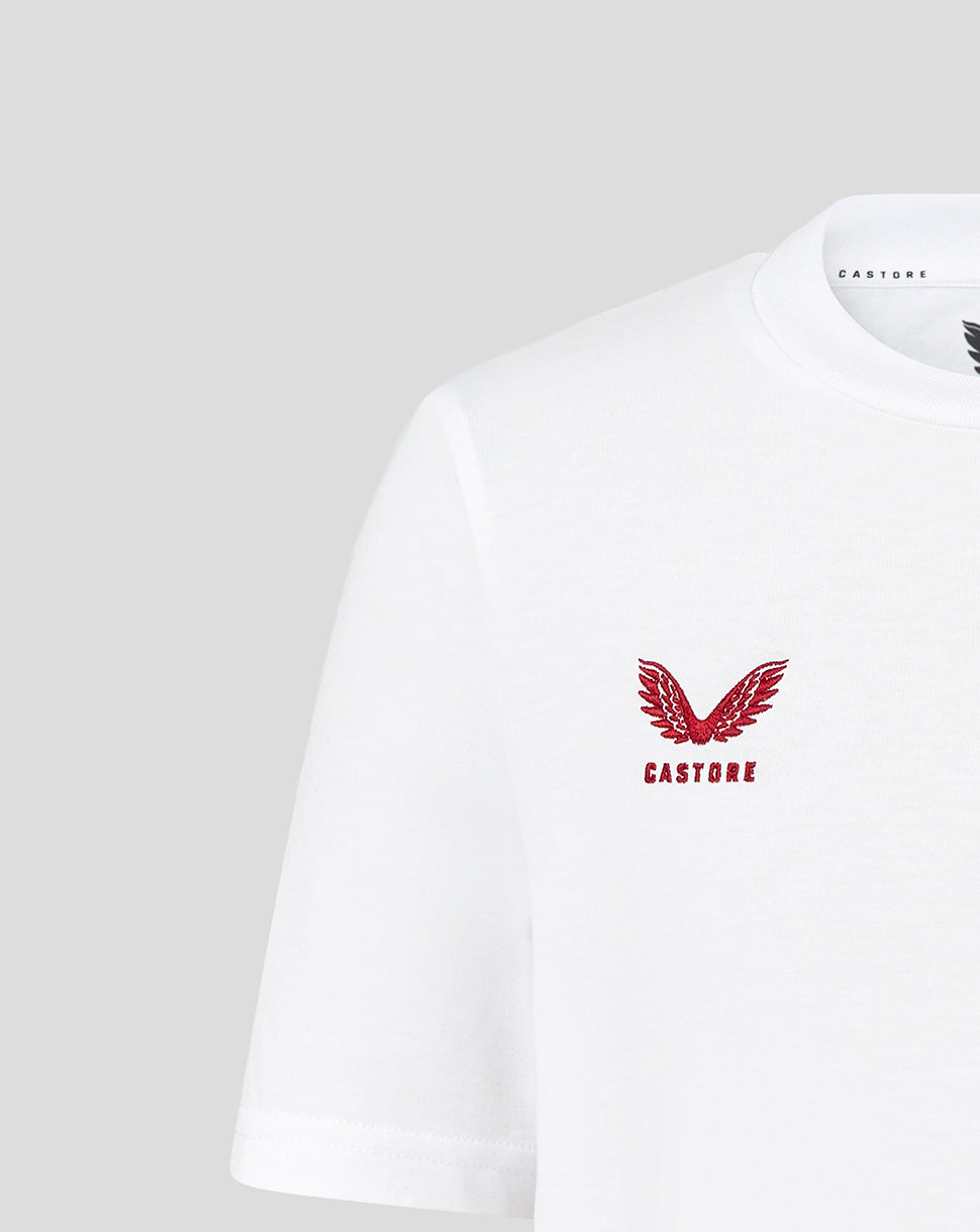 White t-shirt with a red logo and text on a light gray background