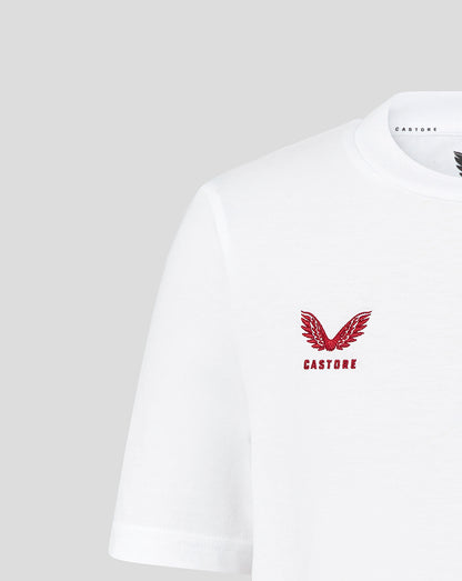 White t-shirt with a red logo and text on a light gray background