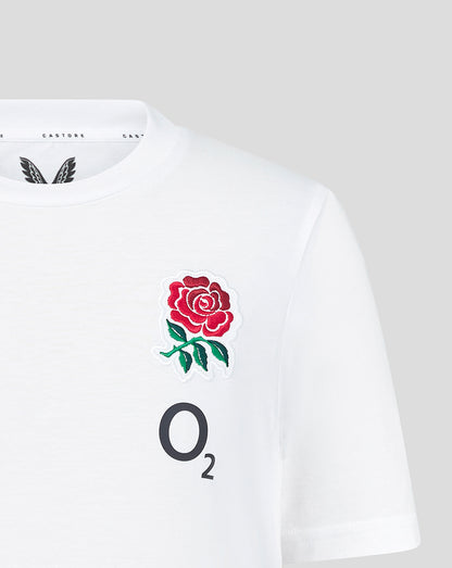 White t-shirt with a red rose emblem and 'O2' logo on a light gray background