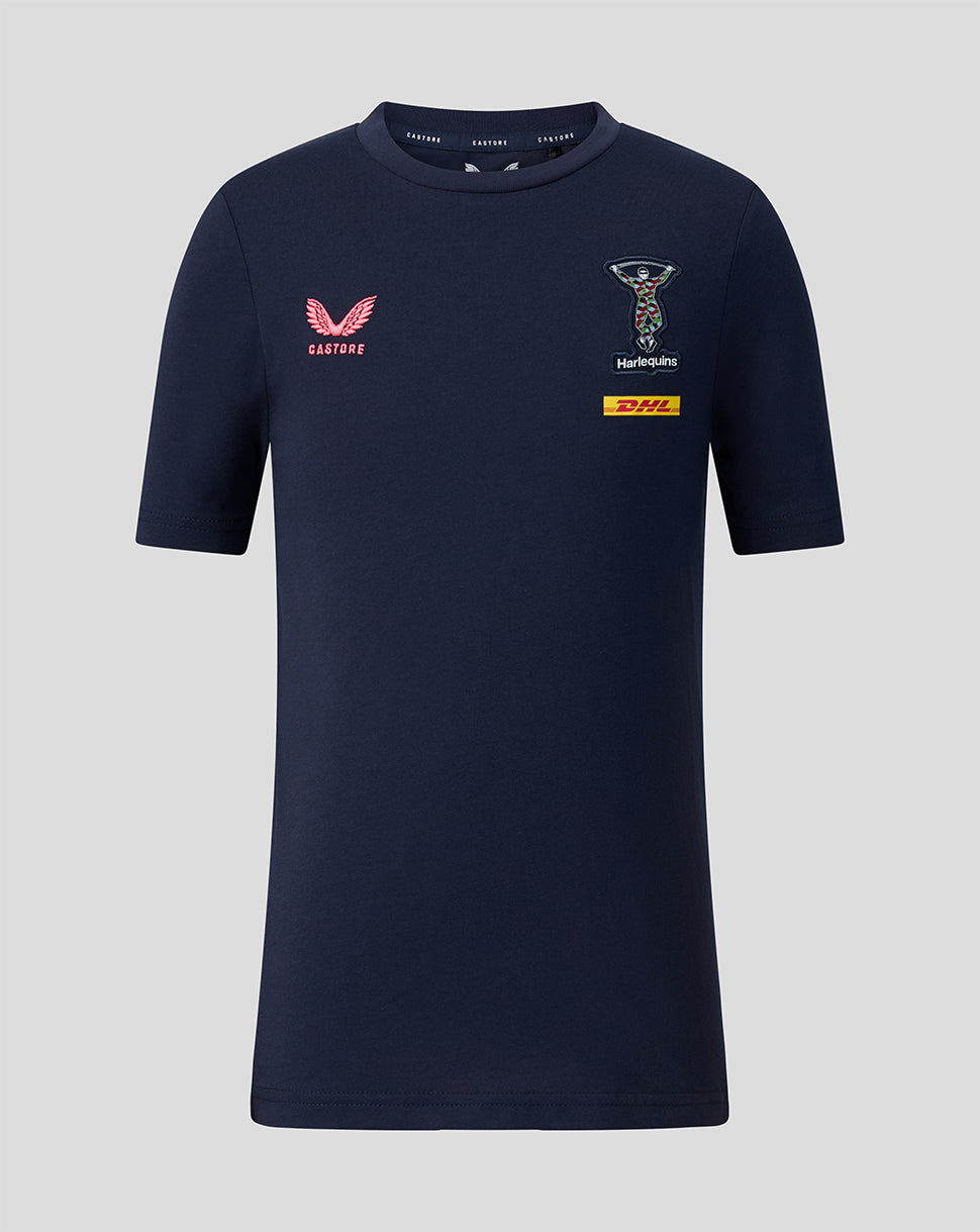 Front view of navy Harlequins Junior travel T-shirt with crest and DHL sponsor.