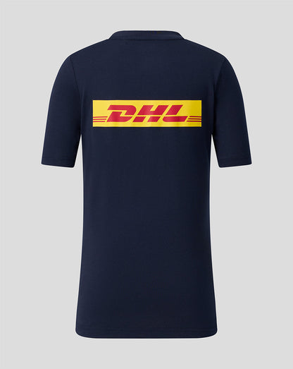 Back view of navy Harlequins Junior travel T-shirt with large DHL logo.
