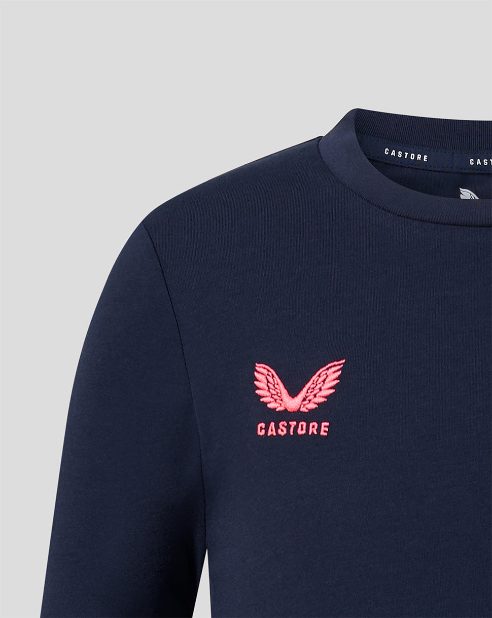 Navy Harlequins junior travel T shirt with crest embroidery and DHL sponsor logo