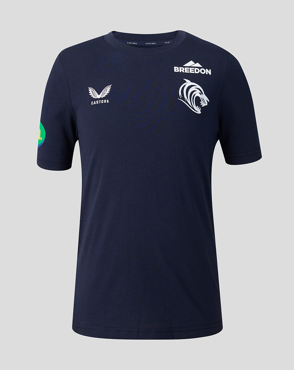Navy Leicester Tigers 2026/27 Travel T Shirt with Breedon and Castore logos and tiger crest