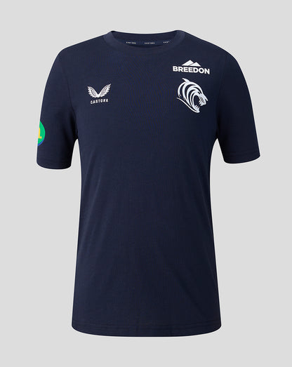 Navy Leicester Tigers 2026/27 Travel T Shirt with Breedon and Castore logos and tiger crest