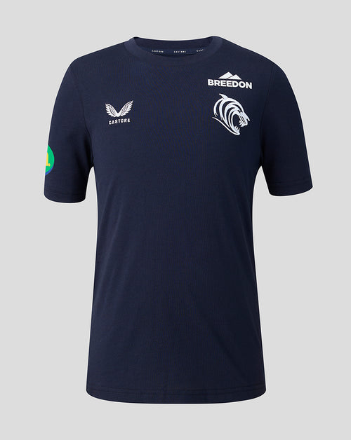 Navy Leicester Tigers 2026/27 Travel T Shirt with Breedon and Castore logos and tiger crest