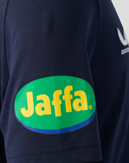 Navy Leicester Tigers travel T Shirt sleeve with a bright green Jaffa patch.