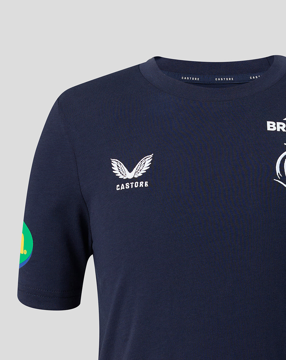 Front chest view of navy Travel T-Shirt with Breedon sponsor logo and tiger emblem
