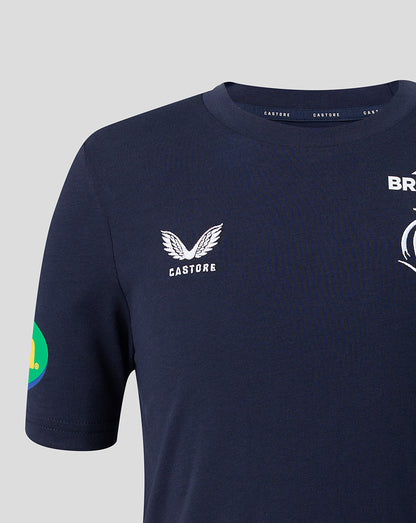 Front chest view of navy Travel T-Shirt with Breedon sponsor logo and tiger emblem