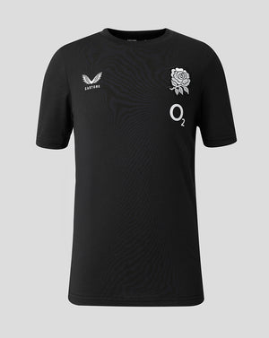 Black sports jersey with logos on a gray background