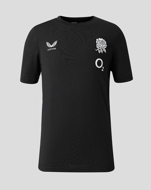 Black sports jersey with logos on a gray background