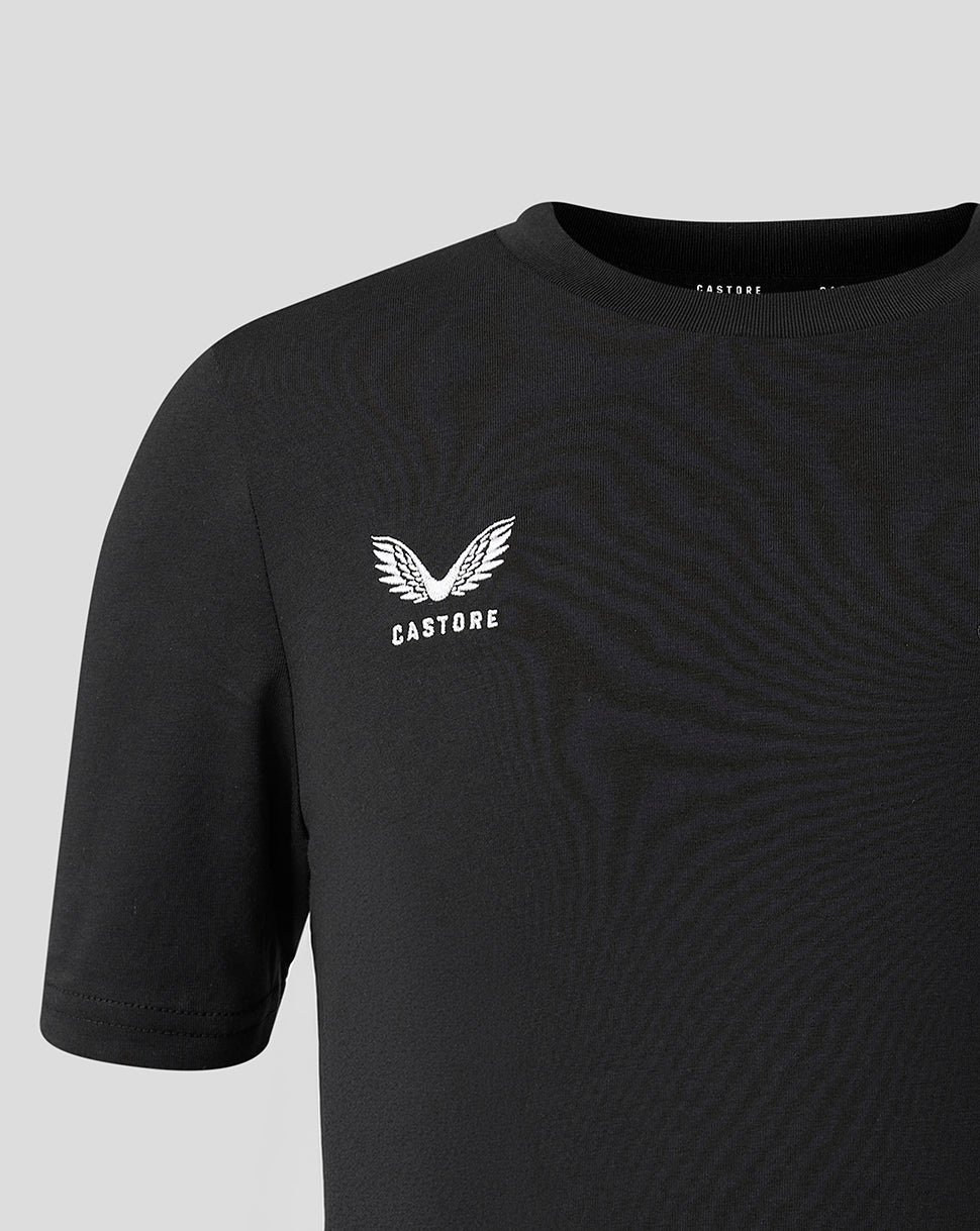 Black t-shirt with a white logo on a light gray background