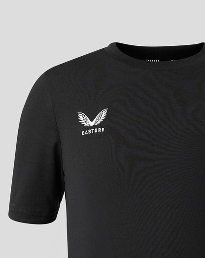 Black t-shirt with a white logo on a light gray background