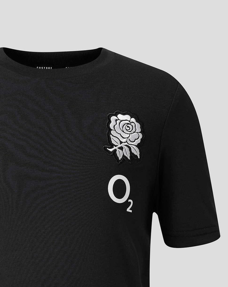 Black t-shirt with white rose emblem and 'O2' logo on a gray background