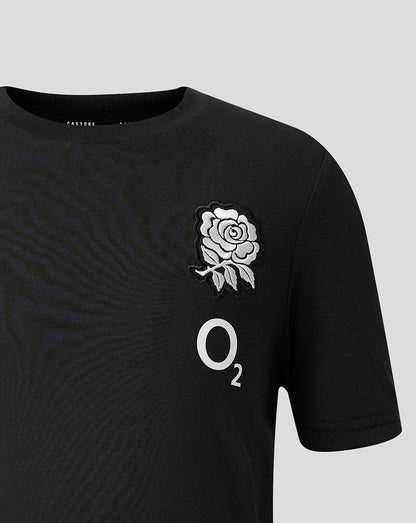 Black t-shirt with white rose emblem and 'O2' logo on a gray background