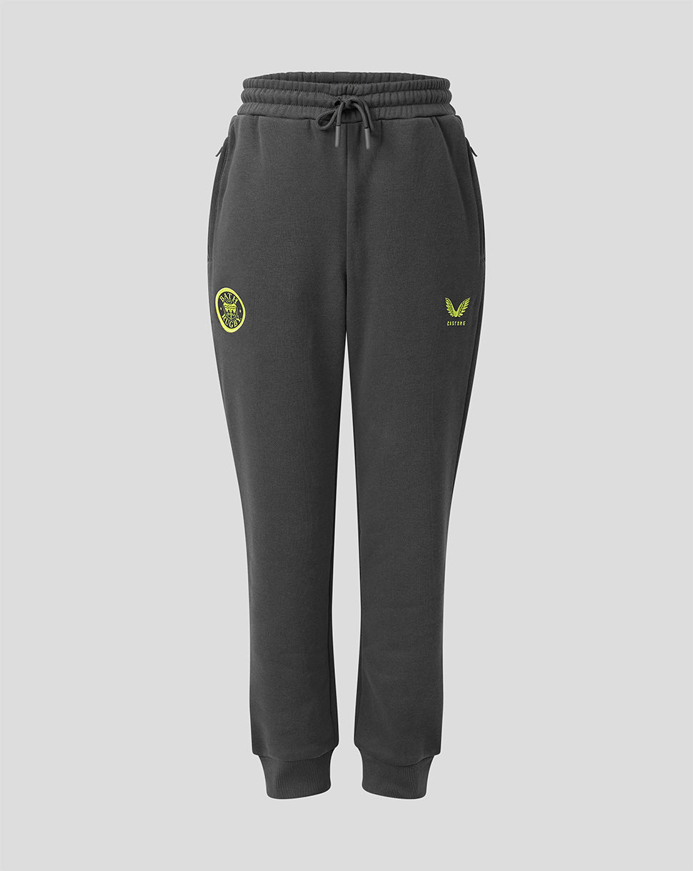 Dark gray sweatpants with a drawstring waist, ribbed cuffs, and yellow-green embroidered logos on both thighs, shown against a light gray background.