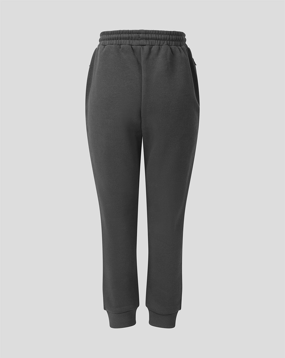 Dark gray jogger sweatpants with an elastic waistband and ribbed ankle cuffs, shown from the back on a light gray background.