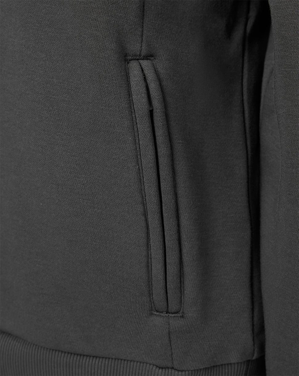 Close-up of a dark charcoal gray knit garment showing a vertical zippered pocket and ribbed trim.