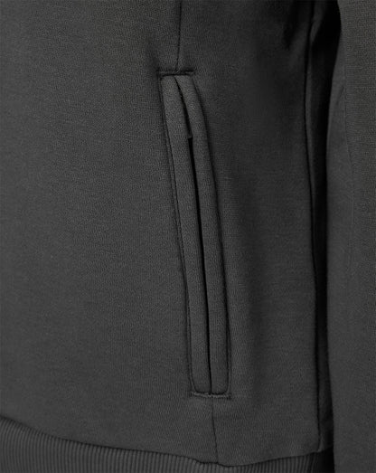 Close-up of a dark charcoal gray knit garment showing a vertical zippered pocket and ribbed trim.