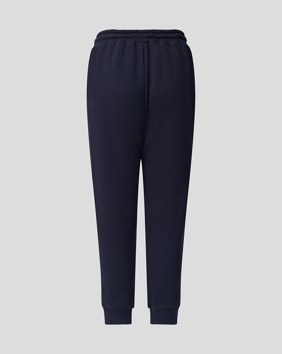 Back view of navy Harlequins junior travel joggers showing elastic waistband and ribbed cuffs.