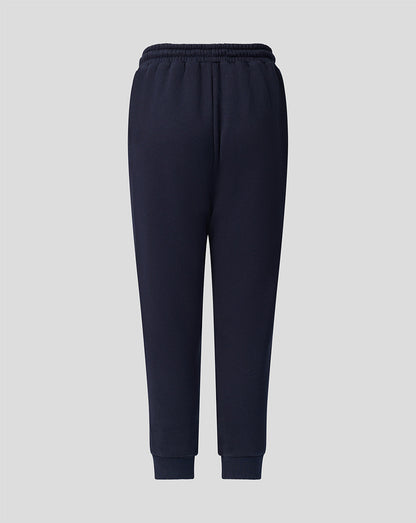 Back view of navy Harlequins junior travel joggers showing elastic waistband and ribbed cuffs.