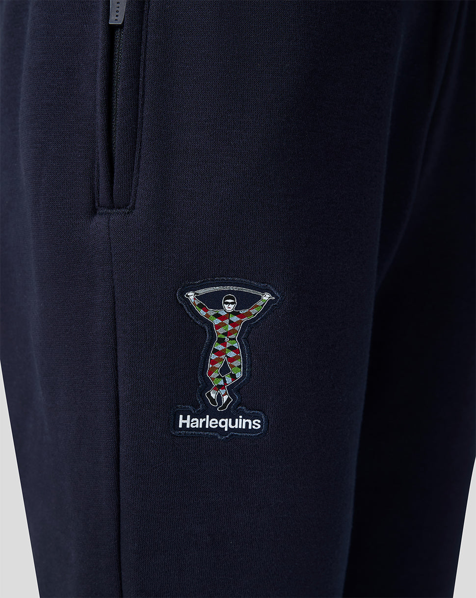 Navy Harlequins junior travel jogger fabric with embroidered crest on the leg