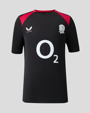 Black sports jersey with red accents and branding on a gray background