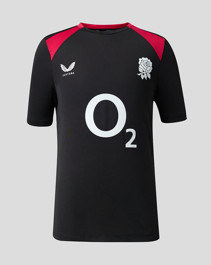 Black sports jersey with red accents and branding on a gray background
