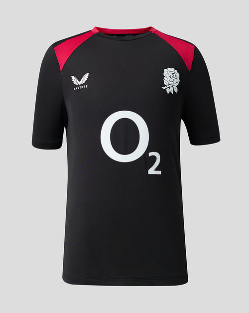 Black sports jersey with red accents and branding on a gray background