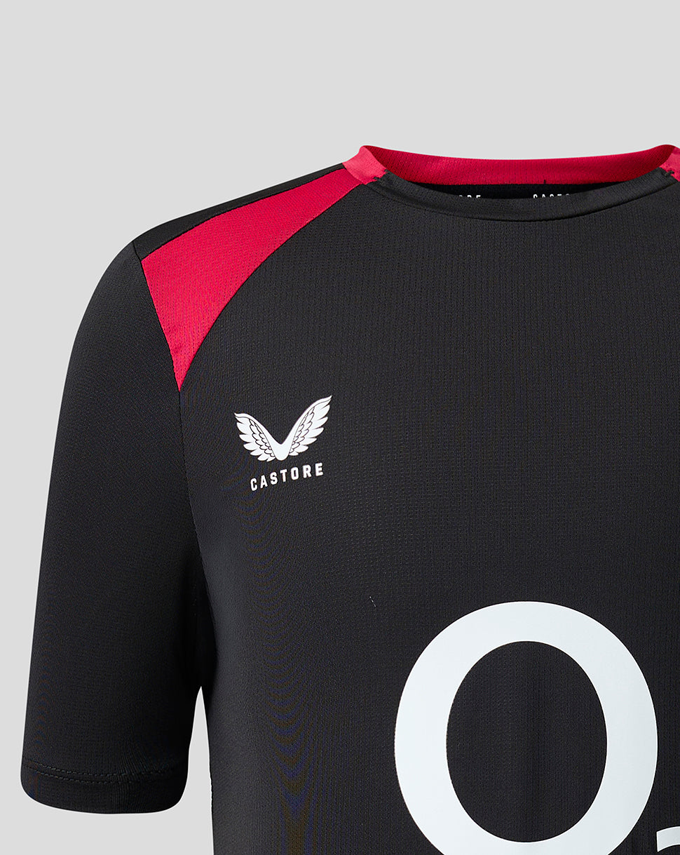 Black and red sports jersey with 'Castore' logo on a gray background