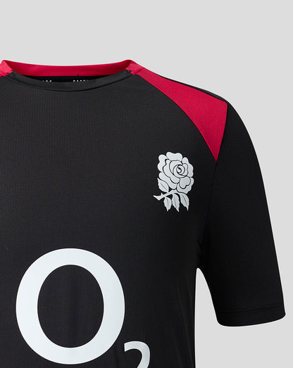 Black sports jersey with red sleeves and a white rose emblem on a gray background