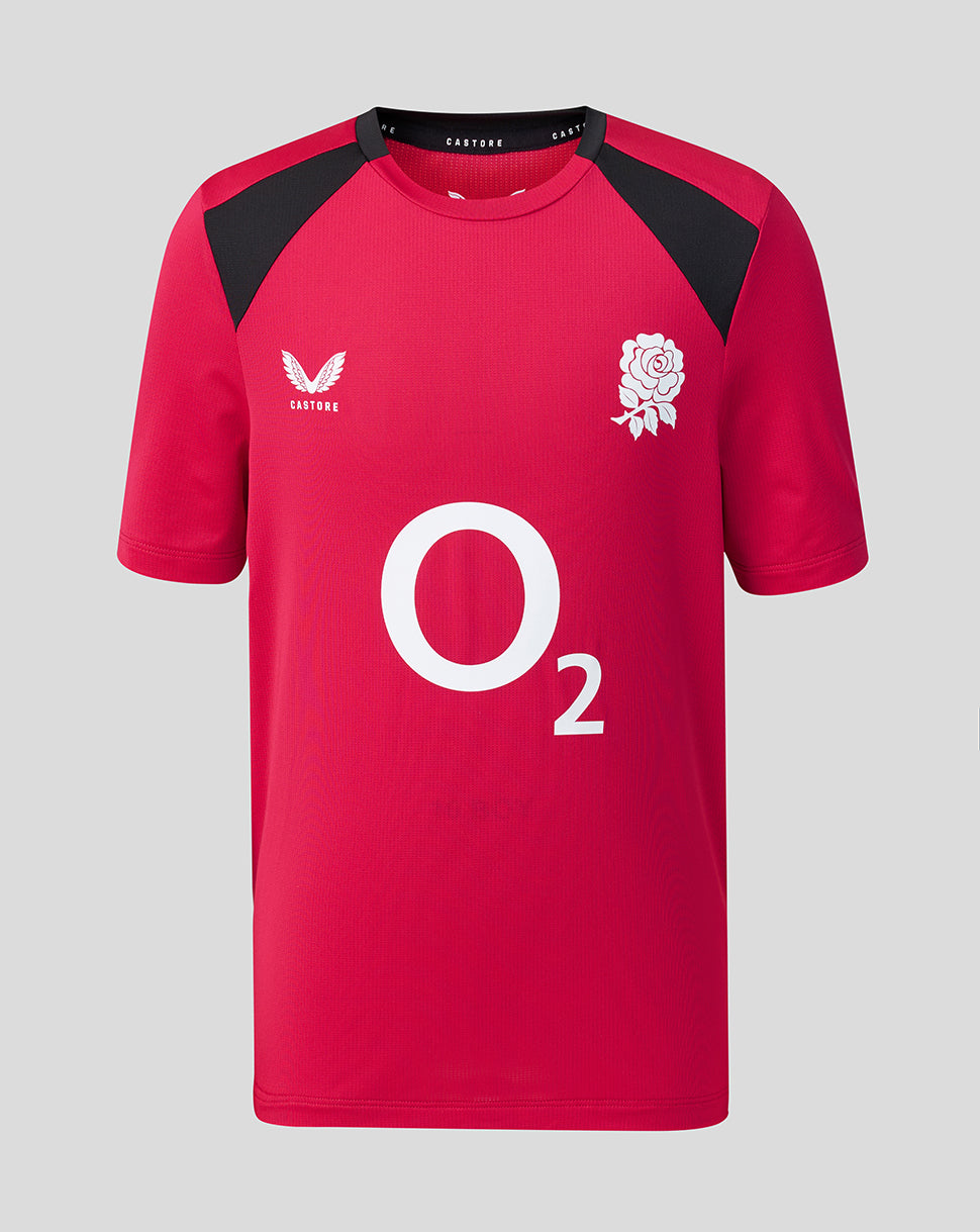 Red sports jersey with black sleeves and O2 logo on a gray background