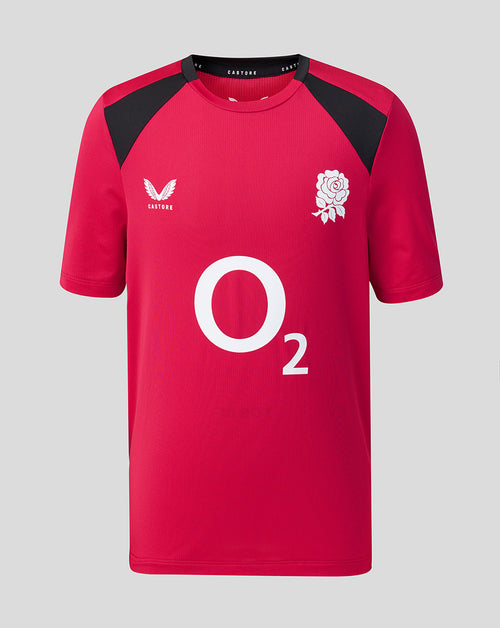 Red sports jersey with black sleeves and O2 logo on a gray background