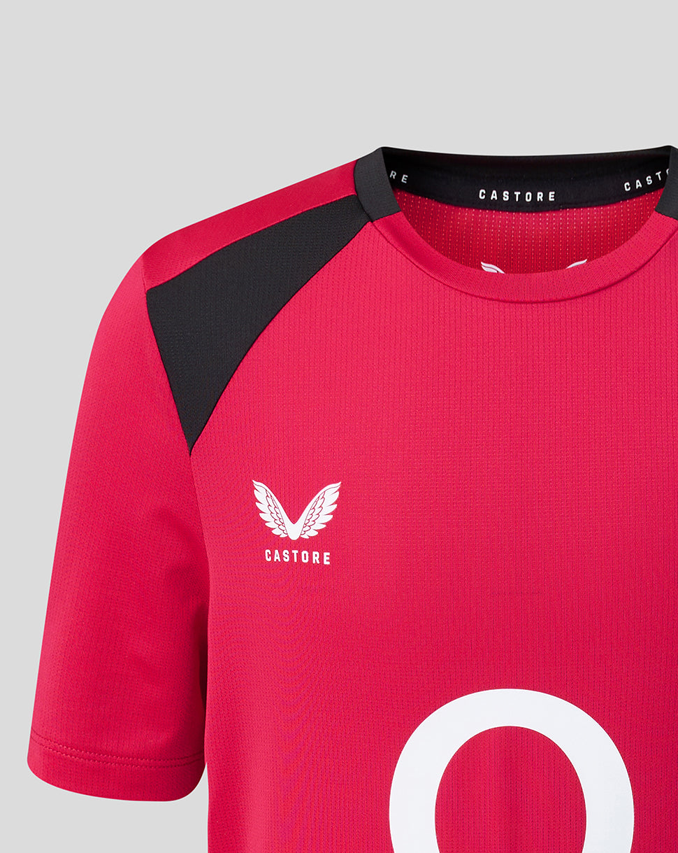 Red sports jersey with black sleeves and Castore logo on a gray background