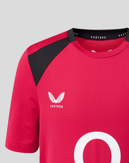 Red sports jersey with black sleeves and Castore logo on a gray background